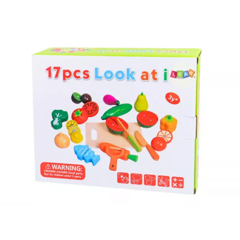 LEAN TOYS Vaisiai ir daržovės mediniai magnetinėje dėžutėje virtuvei