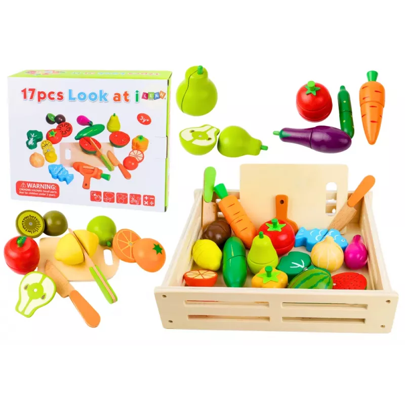 LEAN TOYS Vaisiai ir daržovės mediniai magnetinėje dėžutėje virtuvei