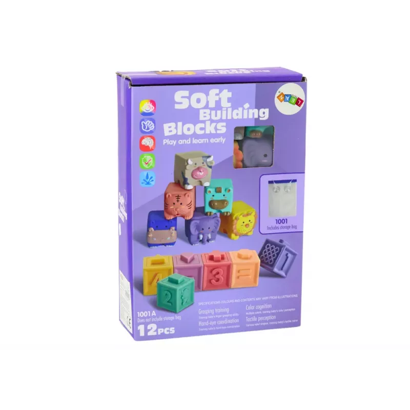 LEAN TOYS Minkšti edukaciniai blokeliai Gyvūnai Skaičiai Raidės Spalvoti 12 vnt.