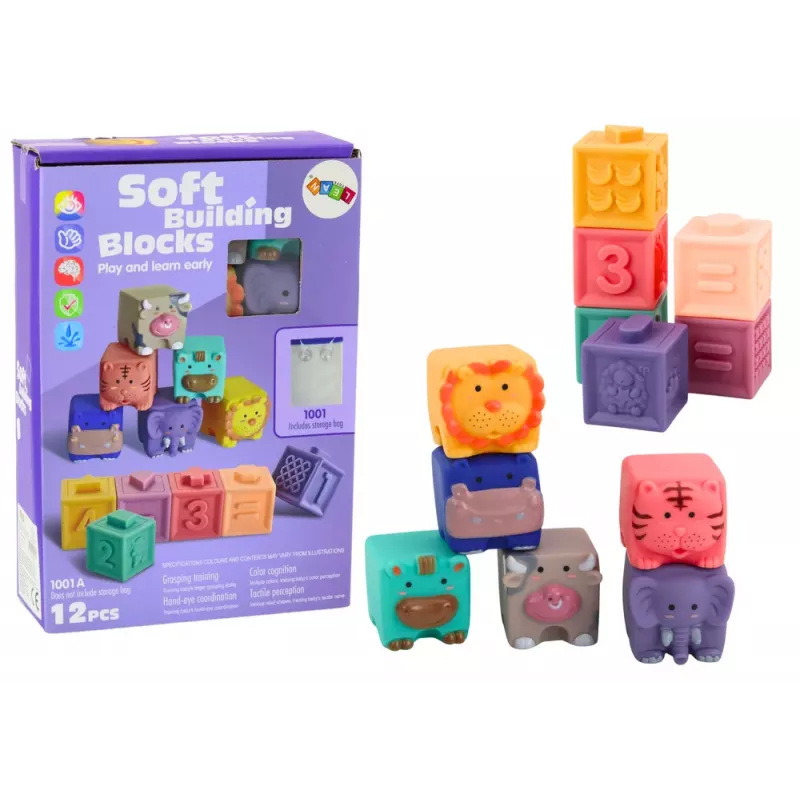 LEAN TOYS Minkšti edukaciniai blokeliai Gyvūnai Skaičiai Raidės Spalvoti 12 vnt.