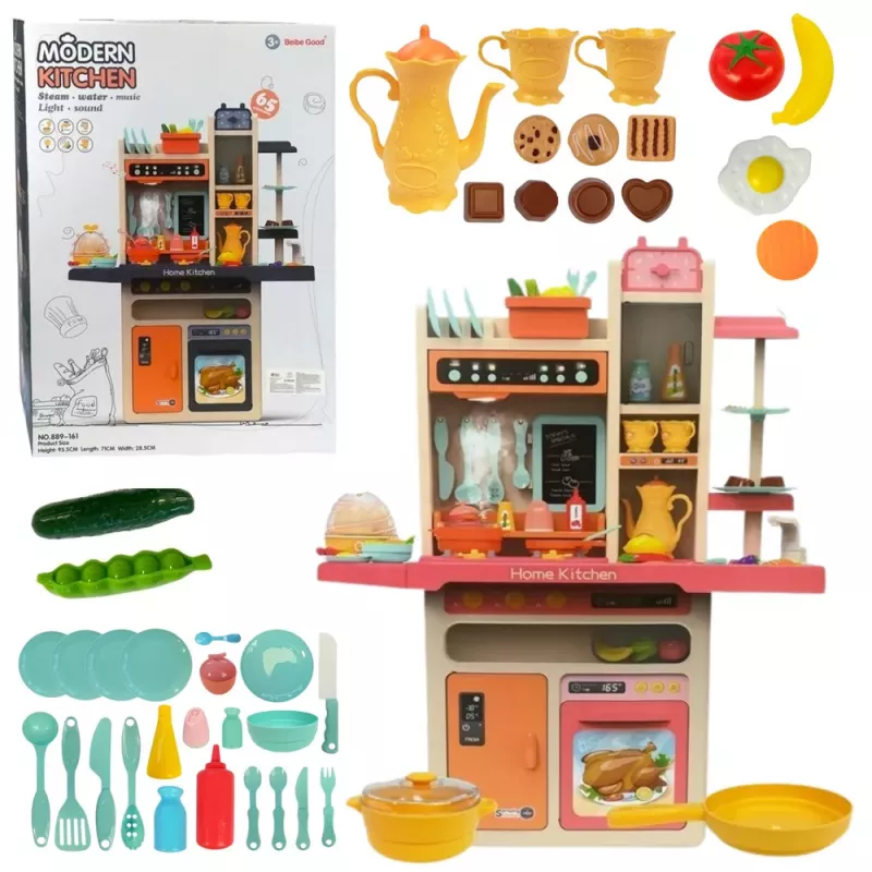 LEAN TOYS vaikiška virtuvė su šviesomis, garsais, lėkštėmis ir aksesuarais, rožinė, 65 dalių