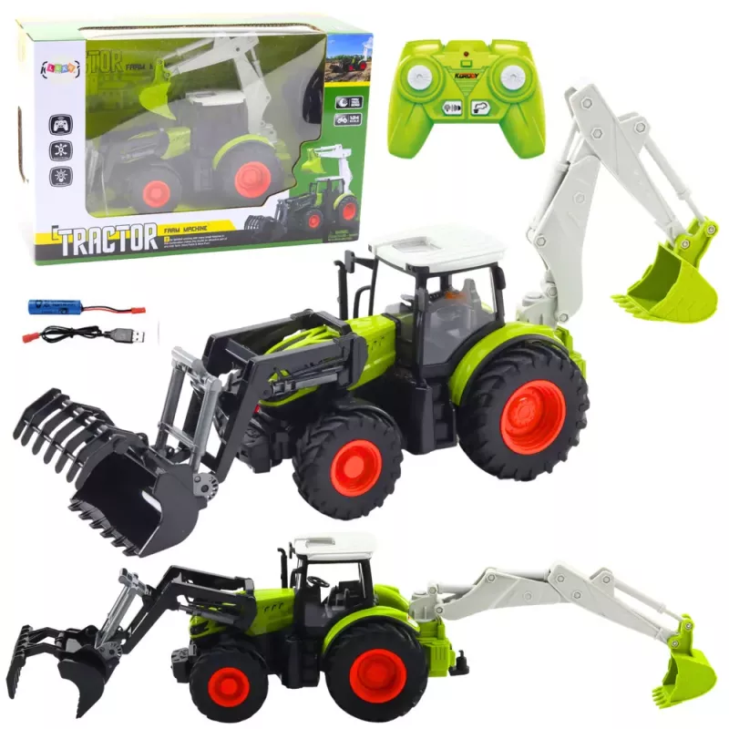 LEAN TOYS Žemės ūkio traktorius su besisukančiu kaušu ir ekskavatoriumi 2in1 nuotolinio valdymo 2.4G