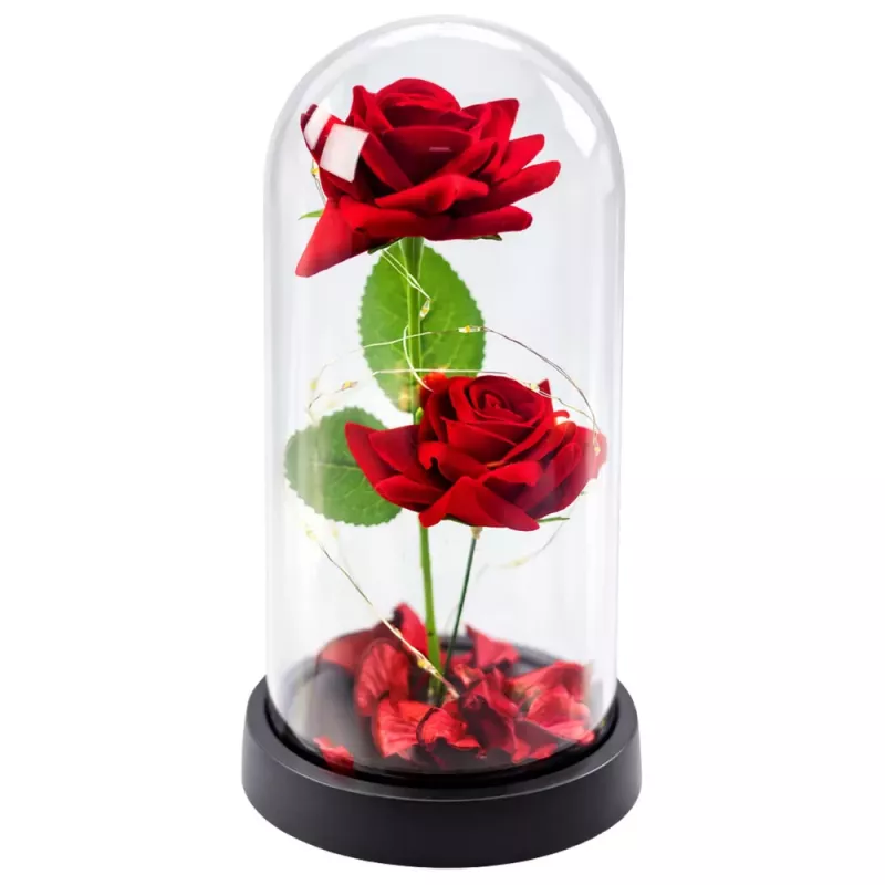 LEAN Eternal 2 Roses in Dome with LED Lighting and Rose Petals Red 21x11cm