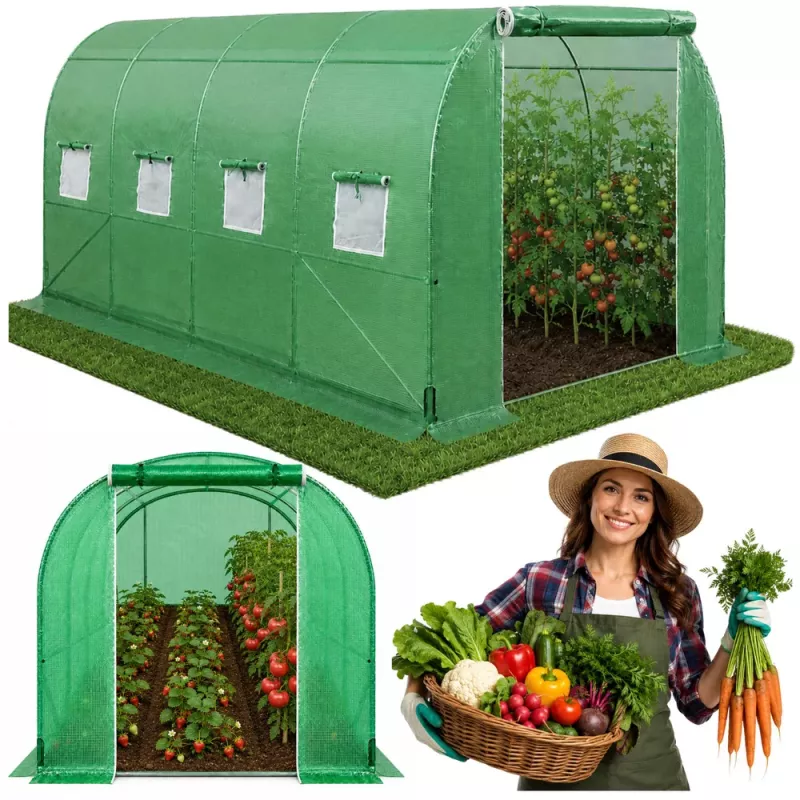 LEAN Folijos tunelinis šiltnamis sodui daržovėms su langais, žalias, UV, 4x2,5x2 m, 10 m²