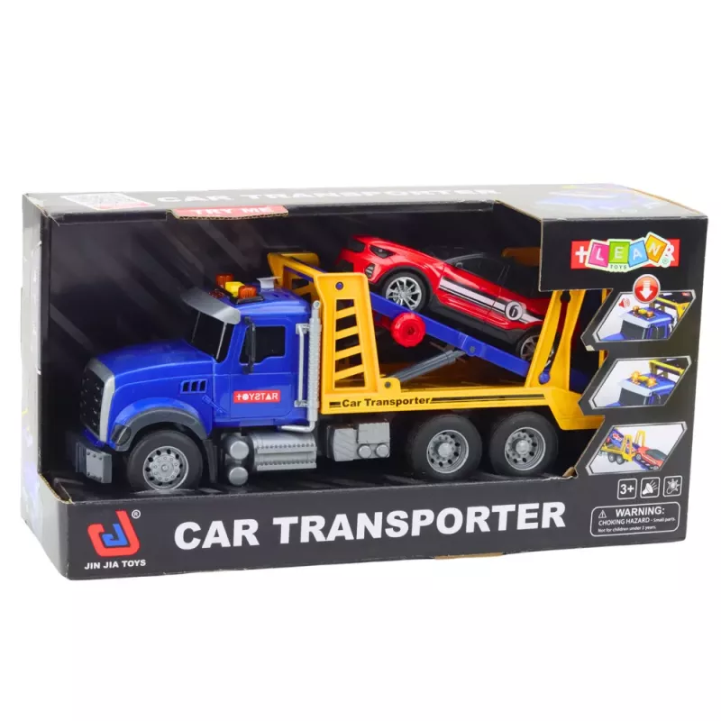 LEAN TOYS Automobilių vežimo sunkvežimio rinkinys su šviesomis ir garsais, 4 žaisliniai automobiliai