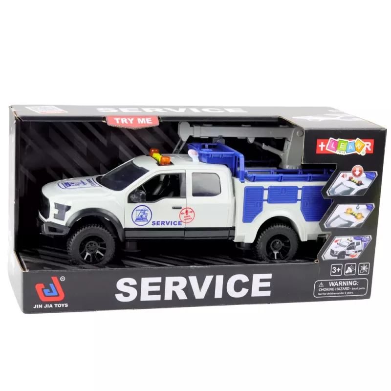 LEAN TOYS Service Truck su kranu, šviesomis, garsais, baltas, 1:12