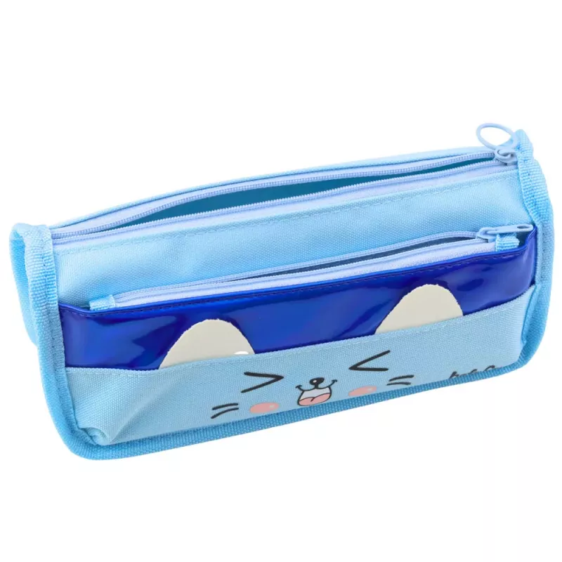 LEAN TOYS mokyklinis penalas su dviem kišenėmis, katės motyvu, mėlynas, 22 cm