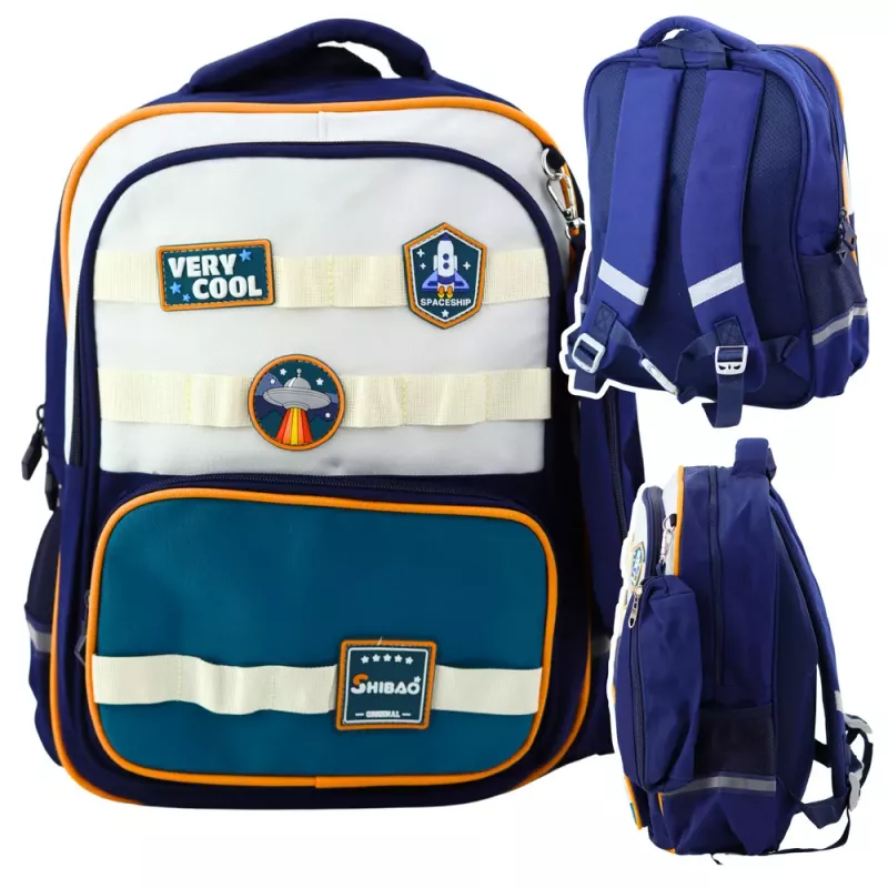 LEAN mokyklinė kuprinė Space Patches su penaline, tamsiai mėlyna, 16L