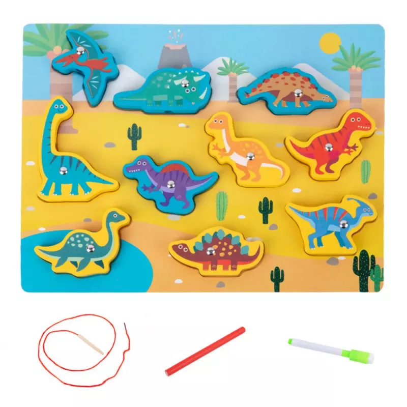 LEAN TOYS Medinis dėlionė su magnetais ir virvelėmis Dinozaurai