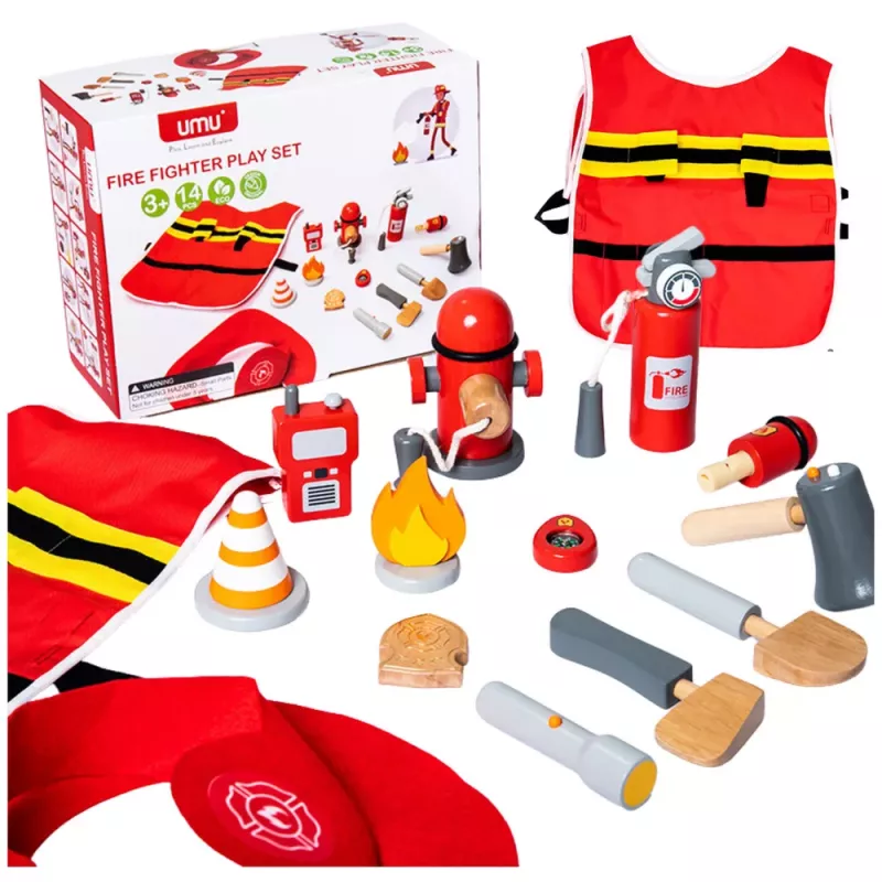 LEAN TOYS Ugniagesio kostiumų rinkinys Ugniagesio aksesuarai Medis 14 vnt.