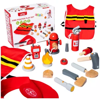 LEAN TOYS Ugniagesio kostiumų rinkinys Ugniagesio aksesuarai Medis 14 vnt.