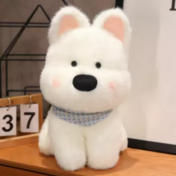 LEAN TOYS Plush Mascot Cuddly Toy Dog With Blue Scarf White 33cm