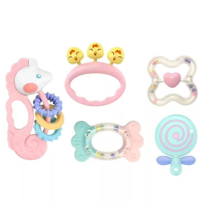 LEAN TOYS Sensorinių barškučių ir dantukų rinkinys kūdikiams, rožinis, 5 vnt.