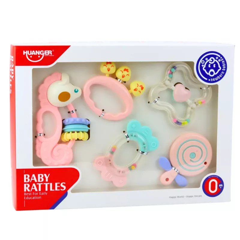 LEAN TOYS Sensorinių barškučių ir dantukų rinkinys kūdikiams, rožinis, 5 vnt.