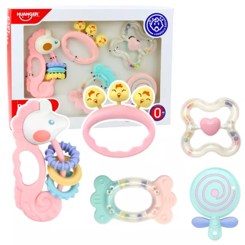 LEAN TOYS Sensorinių barškučių ir dantukų rinkinys kūdikiams, rožinis, 5 vnt.