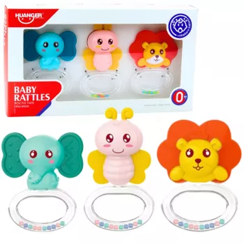 LEAN TOYS 3 vnt. kūdikių barškučių ir dantukų rinkinys „Gyvūnai“