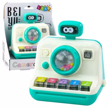 LEAN TOYS Interaktyvus fotoaparato-pianino barškutis su šviesomis ir garsais, baltas-žalias