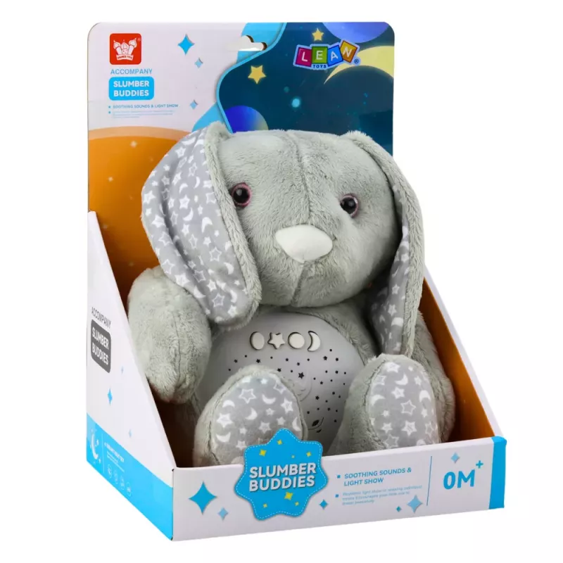 LEAN TOYS Minkštas zuikis miegui su projektoriumi, garsu ir verksmo jutikliu - pilka