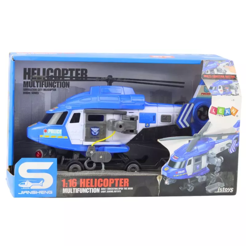 LEAN TOYS Police Helicopter Hook Stretcher Lights Sounds Blue 1:16