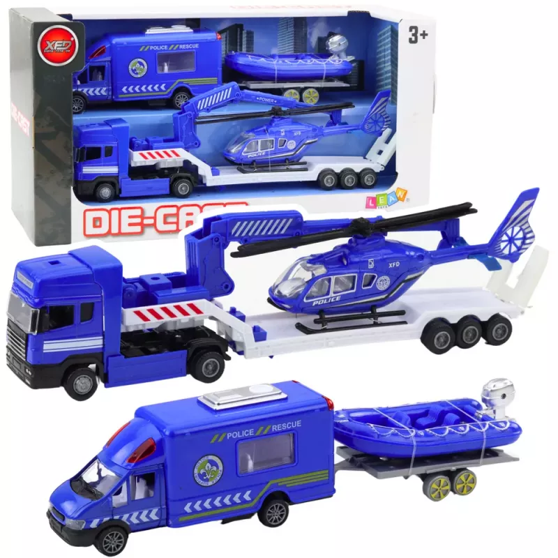 LEAN TOYS Policijos gelbėjimo automobilis, valtis, sunkvežimis, sraigtasparnis mėlynas rinkinys