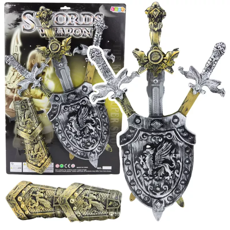 LEAN TOYS Riterio rinkinys 3 kardai skydas apsaugos realistinės dekoracijos