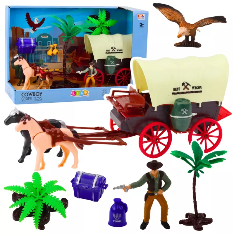 LEAN TOYS Kaubojų rinkinys su figūrėlėmis, vesterno vagonu, arkliais, palmėmis