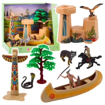 LEAN TOYS Indėnų figūrėlių rinkinys Kaimo indėnai Baidarė Totemas