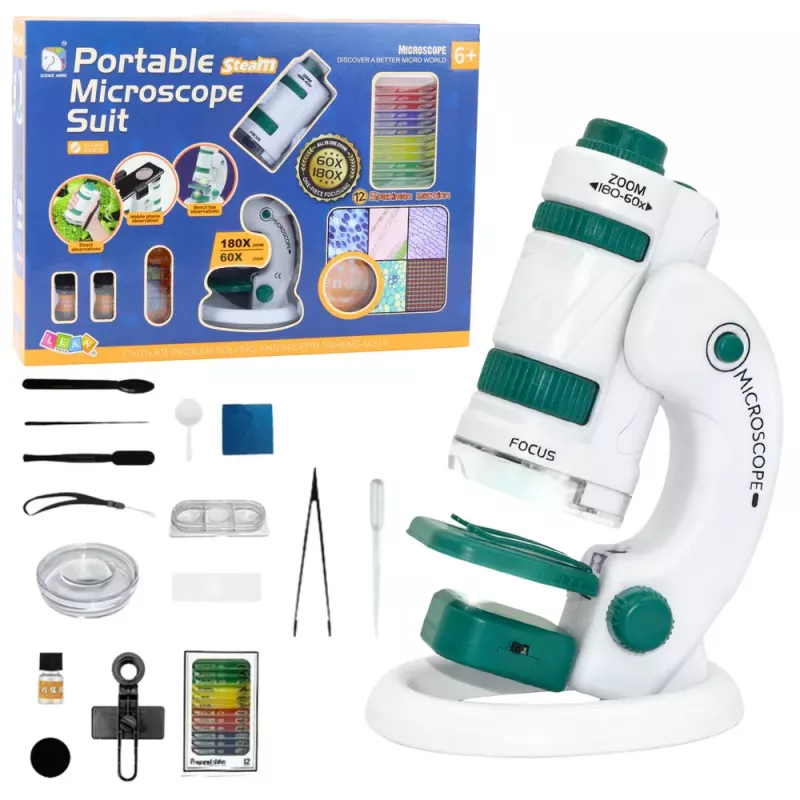 LEAN TOYS Nešiojamasis edukacinis mikroskopas vaikams 2 in 1 60X/180X Priedai
