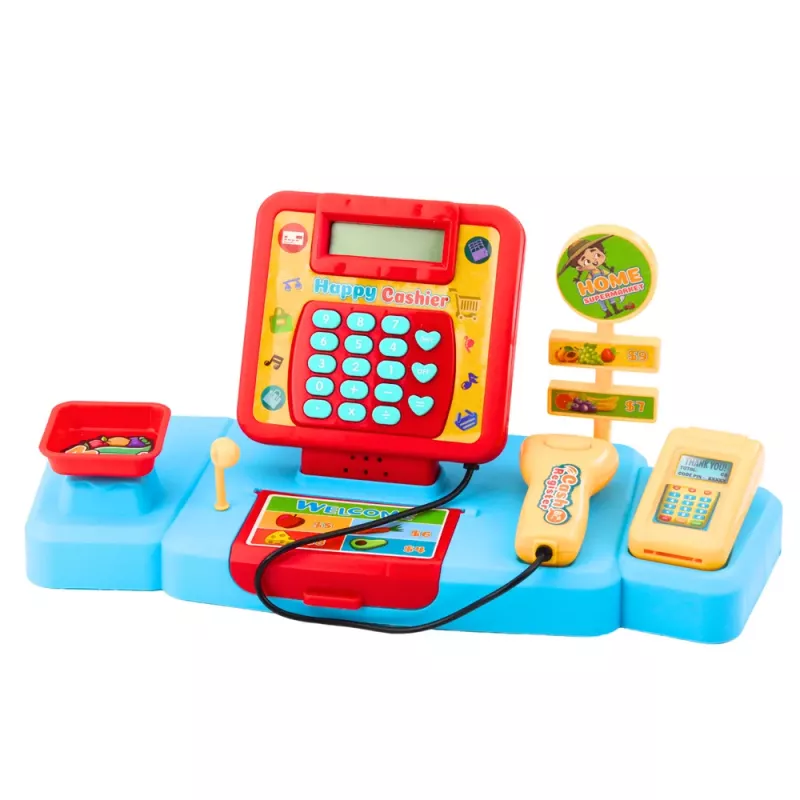 LEAN TOYS Parduotuvės rinkinys su kasos krepšeliu, maisto produktais, šviesomis ir garsais, spalvingas