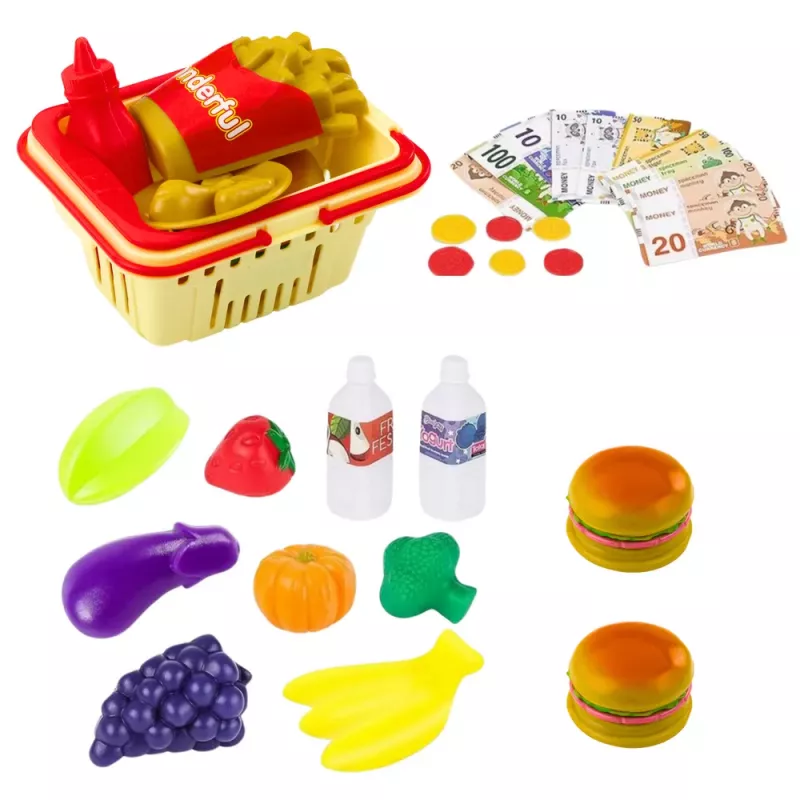 LEAN TOYS Parduotuvės rinkinys su kasos krepšeliu, maisto produktais, šviesomis ir garsais, spalvingas