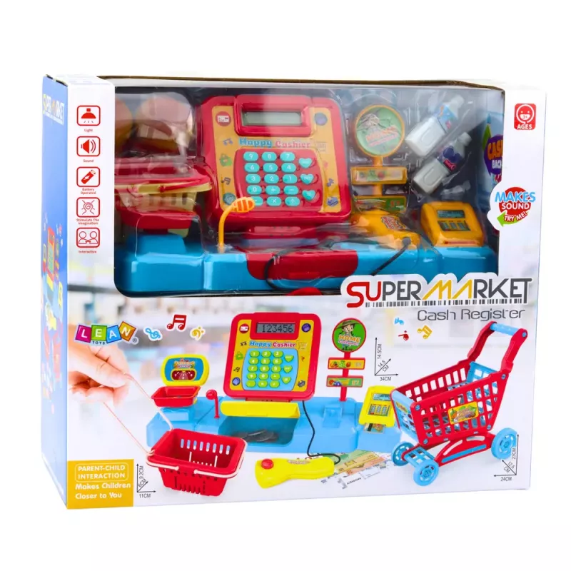 LEAN TOYS Parduotuvės rinkinys su kasos krepšeliu, maisto produktais, šviesomis ir garsais, spalvingas