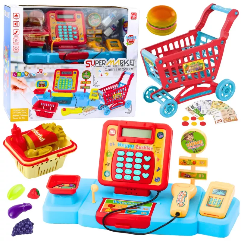 LEAN TOYS Parduotuvės rinkinys su kasos krepšeliu, maisto produktais, šviesomis ir garsais, spalvingas