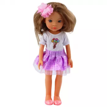 LEAN TOYS Lėlė su violetine suknele, ilgais rudais plaukais ir gėlės segtuku