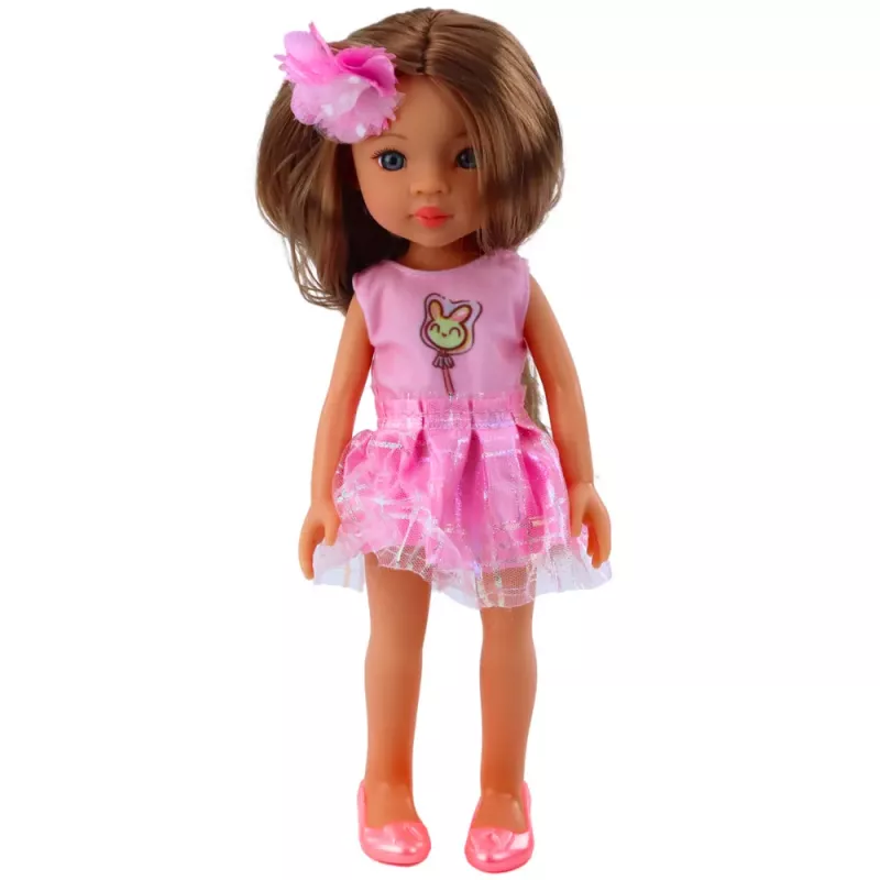 LEAN TOYS Lėlė su ilgais rudais plaukais, rožine suknele ir gėlės segtuku