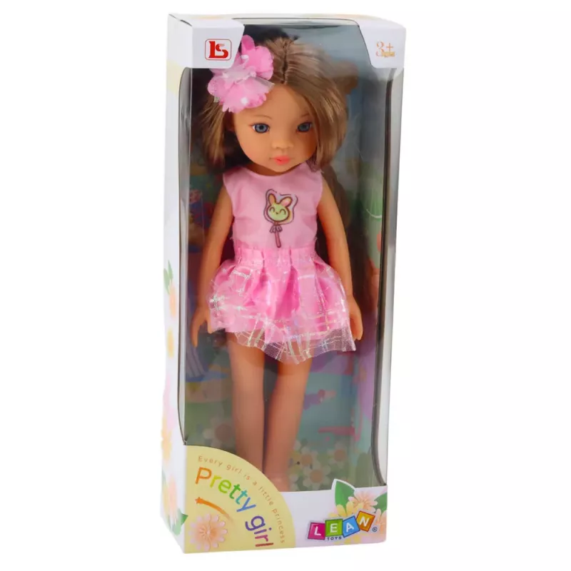 LEAN TOYS Lėlė su ilgais rudais plaukais, rožine suknele ir gėlės segtuku