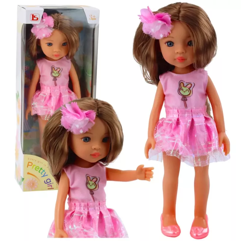 LEAN TOYS Lėlė su ilgais rudais plaukais, rožine suknele ir gėlės segtuku