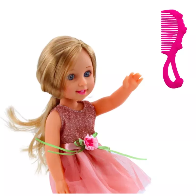 LEAN TOYS Lėlė su suknele ir kaspinu, ilgais plaukais, rožinė, šukomis, 38 cm