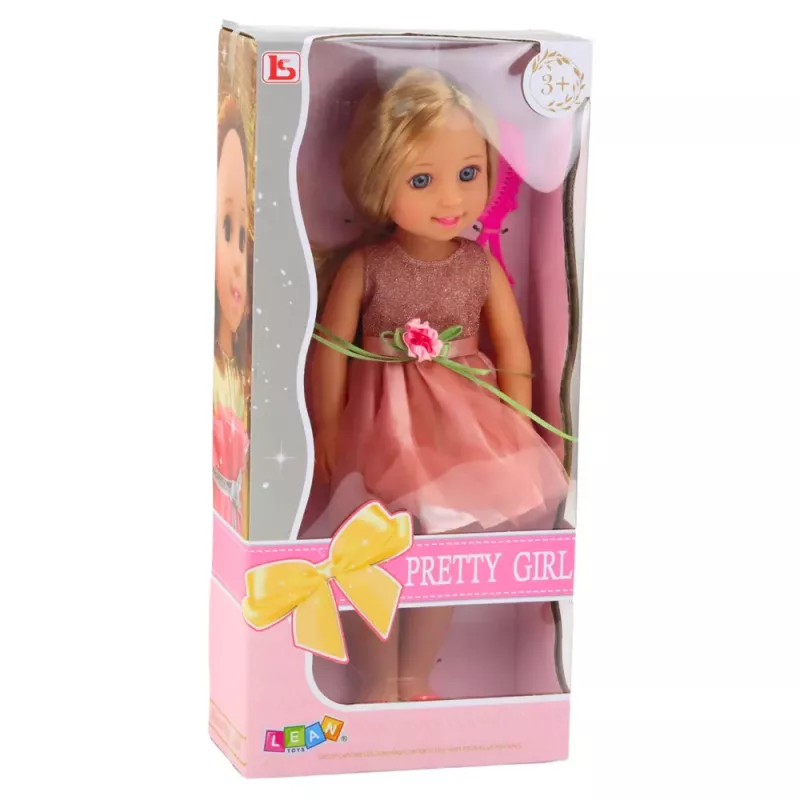 LEAN TOYS Lėlė su suknele ir kaspinu, ilgais plaukais, rožinė, šukomis, 38 cm