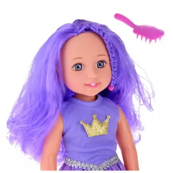 LEAN TOYS Lėlė su suknele, karūna, ilgais violetiniais plaukais ir šepečiu, 38 cm