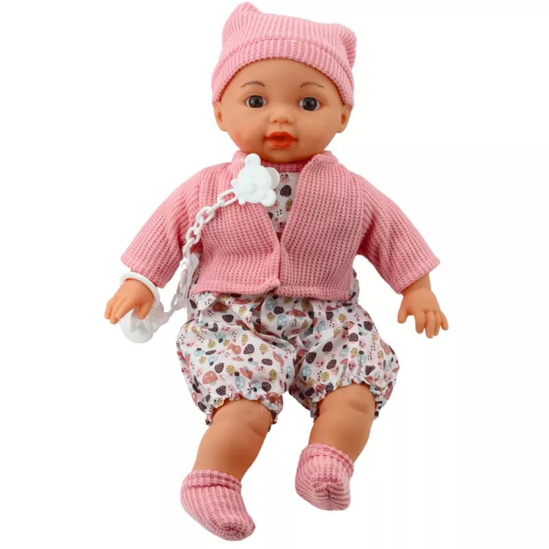 LEAN TOYS Kūdikio lėlės rinkinys su megztiniu, kepure, čiulptuku ir grandinėle, rožinis, 40 cm