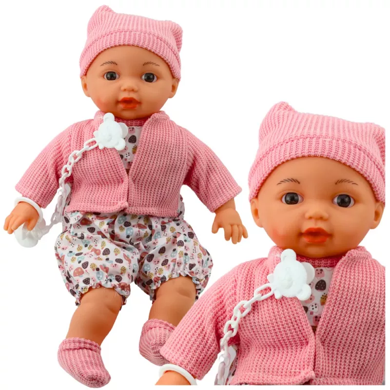 LEAN TOYS Kūdikio lėlės rinkinys su megztiniu, kepure, čiulptuku ir grandinėle, rožinis, 40 cm
