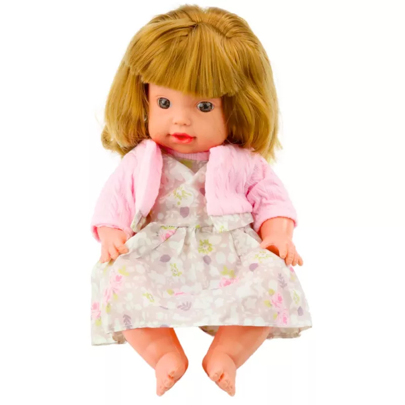 LEAN TOYS Kūdikio lėlė su maitinimo buteliuku, suknele, švelniai rožinė, garsai, 30 cm