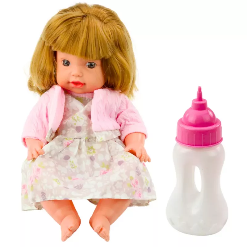 LEAN TOYS Kūdikio lėlė su maitinimo buteliuku, suknele, švelniai rožinė, garsai, 30 cm
