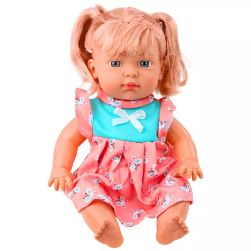 LEAN TOYS Baby Doll su spalvinga suknele, poniu, buteliuku, garsu
