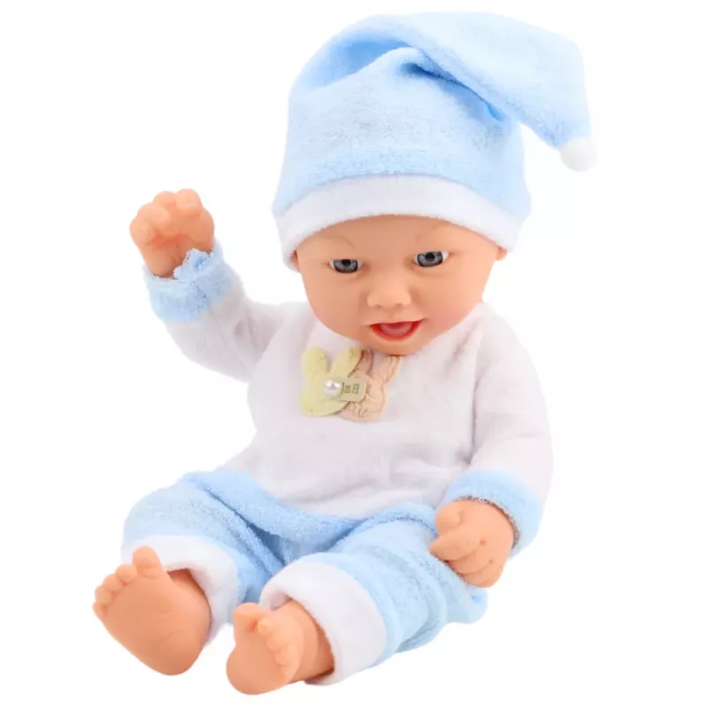 LEAN TOYS Baby Doll in Blue Pajamas Hat with Pompom 30 cm