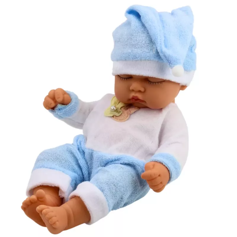 LEAN TOYS Mieganti kūdikio lėlė mėlynose pižamose su pomponu