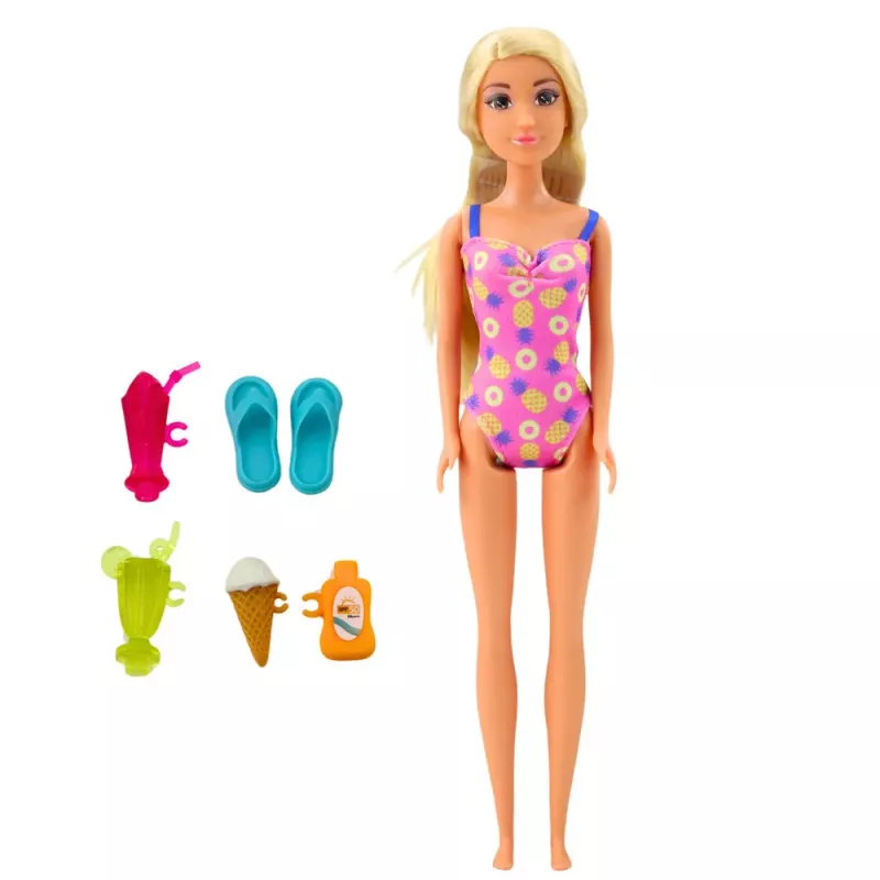 LEAN TOYS Anlily lėlės rinkinys „Paplūdimyje“ su baseinu, palme ir aksesuarais, 8 vnt.
