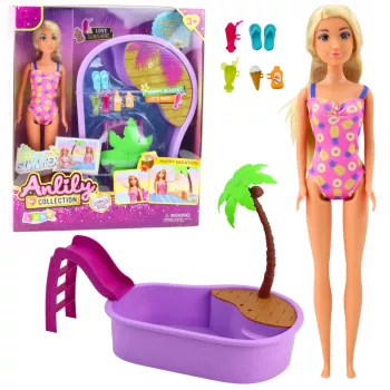 LEAN TOYS Anlily lėlės rinkinys „Paplūdimyje“ su baseinu, palme ir aksesuarais, 8 vnt.