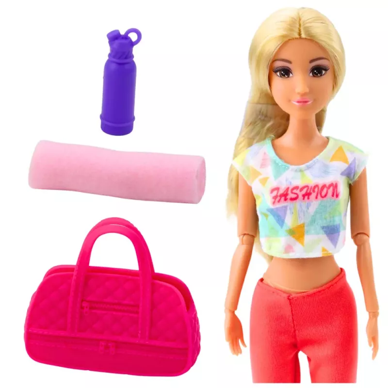 LEAN TOYS Anlily Jogos Lėlė su Jogos Kilimėliu, Vandens Buteliu, Sporto Krepšiu, Judančiomis Galūnėmis, 29 cm, Šviesiais Plaukais, Mėlynomis Akimis, Sportine Apranga, Vaikams nuo 3 m.