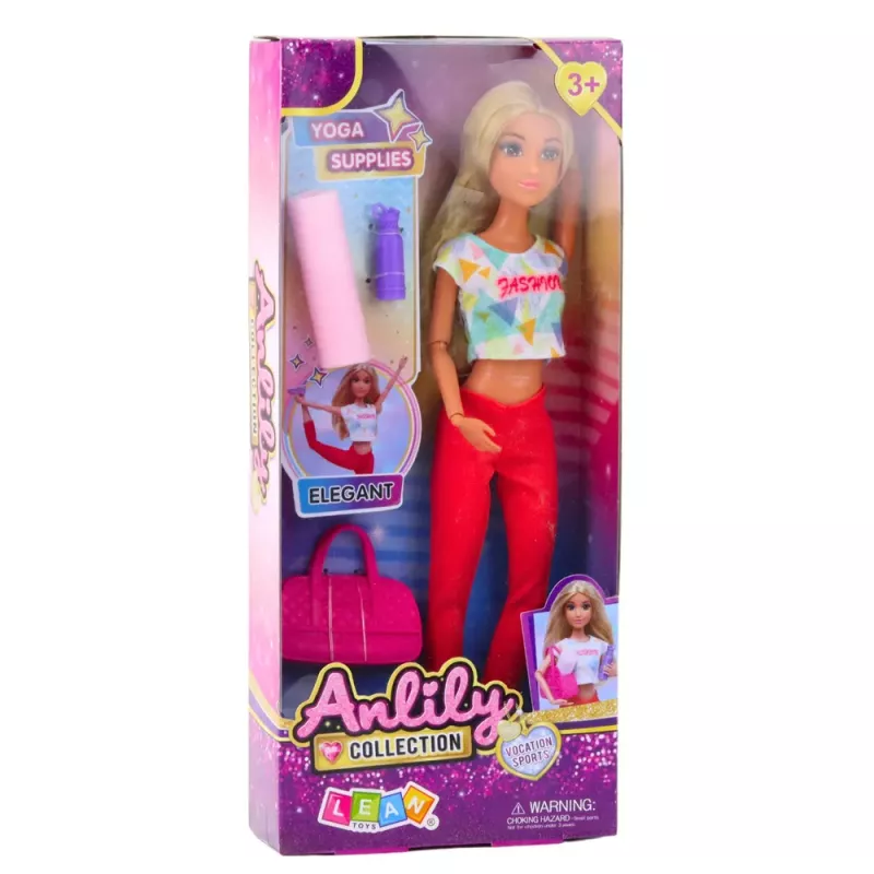 LEAN TOYS Anlily Jogos Lėlė su Jogos Kilimėliu, Vandens Buteliu, Sporto Krepšiu, Judančiomis Galūnėmis, 29 cm, Šviesiais Plaukais, Mėlynomis Akimis, Sportine Apranga, Vaikams nuo 3 m.